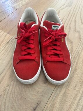 Puma Red Suede Low-Top Sneakers with White Trim
